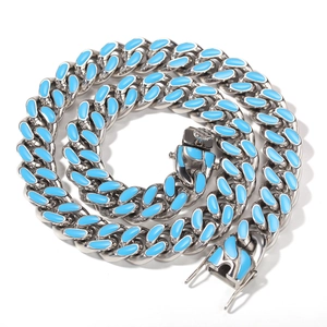 Détails de la chaîne cubaine 12mm en acier inoxydable argenté avec incrustations émail bleu