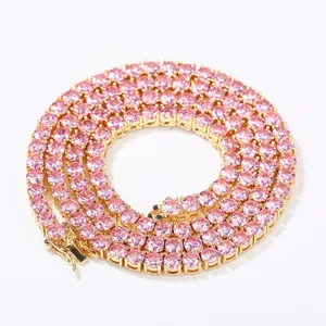Hip Hop Rosa Zirkonia Tennis-Kette Halskette Kupfer Eingelegt Vollbesetzte Iced Out Modeschmuck Für Damen Herren Gold Silber Galvanisiert
