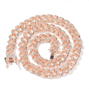 Men's hip hop Cuban link chain necklace in rose gold finish with full diamond accents