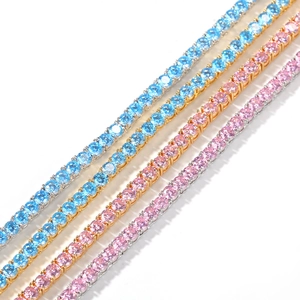 Hip hop 4mm pink and blue zircon tennis necklace with gold and silver plated copper base