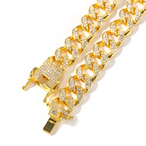 Luxurious 13mm gold plated iced out Cuban link chain set with sparkling rhinestones