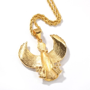 Hip hop style gold eagle pendant necklace with Ankh cross symbols and rope chain