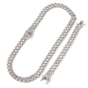 Silver Cuban link necklace and bracelet set with iced out rhinestones for hip hop style