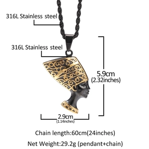 Détail macro du pendentif Néfertiti en acier 316L avec dimensions et poids du bijou