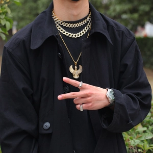 Hip hop style gold eagle pendant necklace set with crystal cuban chains and rope chain