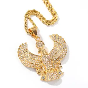 Hip Hop Egyptian Eagle Pendant Necklace For Men Stainless Steel Iced Out Rhinestone Horus Falcon Ankh Rope Cuban Chain