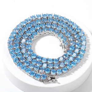 Hip Hop Copper Inlaid Sea Blue Zirconia Tennis Chain Necklace Personalized Fashion Unisex Row Jewelry For Party Gift