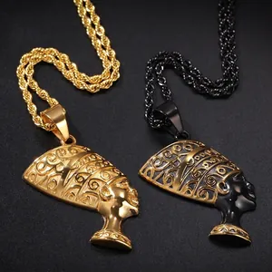Collier Pendentif Reine Néfertiti Vintage en Acier Inoxydable Hip Hop Chaîne Torsadée Électroplaquée Bijoux Unisexe Or Noir