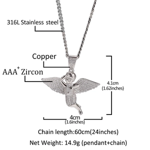 Detailed technical diagram showing 4.1x4cm silver angel wing pendant and 60cm chain