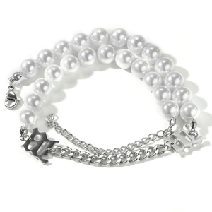 Collana hip-hop con perle bianche e catena a maglia in acciaio inossidabile argento