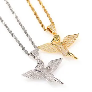 Hip Hop Angel Wing Pendant Necklace Copper Inlaid Zirconia Jewelry With Stainless Steel Cuban Chain For Men Women