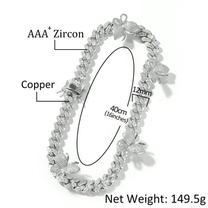 Detail of 12mm silver butterfly Cuban chain with AAA zircon and copper base