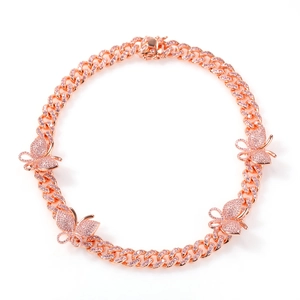 Rose gold Cuban link necklace with pink zircon micro-paved butterfly charms