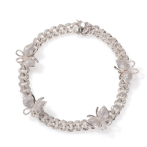 Hip hop silver Cuban chain necklace with micro-pave zircon butterfly charms for women and men