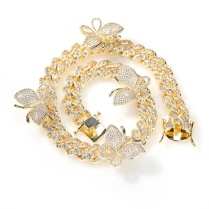 Hip hop 18K gold plated Cuban link necklace with iced out butterfly zircon charms