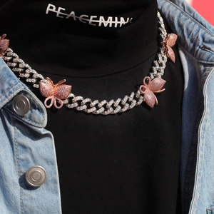 Hip hop cuban chain necklace with micro-paved pink butterfly pendants for men and women
