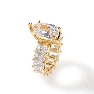 Hip hop style gold pear cut water drop ring with rectangular zircon paved band