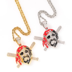 Hip hop pirate skull pendant necklace with micro inlaid zircons and twisted rope chain