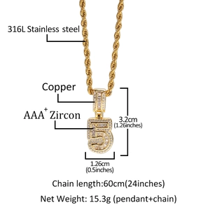 Details zur Hip-Hop-Halskette mit Nummer 5 Anhänger, AAA+ Zirkonia und 60cm Edelstahlkette