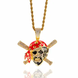 Collier Pendentif Crâne de Pirate Hip Hop Bijoux en Cuivre Zirconia Bandana en Émail Rouge Battes Croisées Pour Hommes Femmes