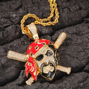 Hip hop pirate skull pendant necklace with micro-set zircons and gold rope chain