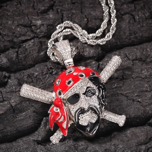 Hip hop pirate skull pendant with red bandana and crossbones on twisted chain