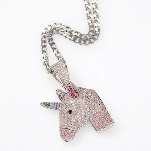 Hip Hop Iced Out Einhorn Anhänger Halskette Kupfer Mit Zirkonia Gold Silber Plattiert Regenbogen Pony Tier Schmuck Für Damen Herren