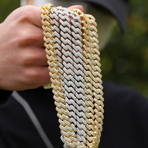 Chaîne cubaine hip hop bicolore or et argent sertie de pierres de zircon de qualité