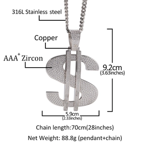 Close-up of hip hop dollar sign pendant with AAA+ cubic zirconia and 316L stainless steel chain