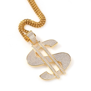 Hip hop gold dollar sign pendant necklace with cubic zirconia and cuban chain