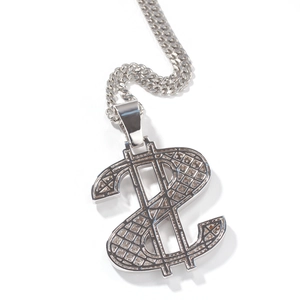 Hip hop silver dollar sign pendant necklace with cuban link chain and sparkling zircons
