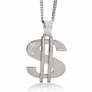 Hip Hop Dollar Sign Pendant Necklace Stainless Steel Cuban Link Chain Copper Zirconia Streetwear Jewelry For Men Women