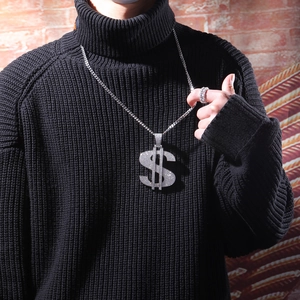 Hip-hop silver iced out dollar sign pendant necklace with cuban chain on black sweater