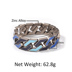 Chunky hip-hop Cuban link bracelet with blue enamel inlays and geometric zinc alloy design