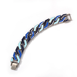 Men's hip hop geometric link bracelet with blue enamel inlay and folding clasp