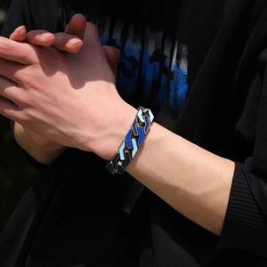 Hip hop men's cuban link bracelet with geometric blue enamel drip oil finish