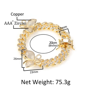 Λεπτομερής προβολή βραχιολιού Cuban chain 12mm με πεταλούδες και ζιργκόν AAA+