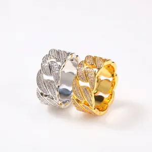 Bague Maillon Cubain Hip Hop Iced Out en Cuivre Avec AAA Zircone Pavé Complet Or Argent Mode Streetwear Bague pour Homme Femme