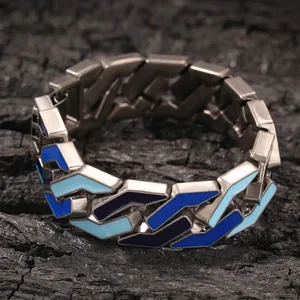 Hip Hop Alloy Geometric Link Bracelet With Blue Enamel Retro Streetwear Chunky Jewelry For Men Daily Party Bracelet Accessory