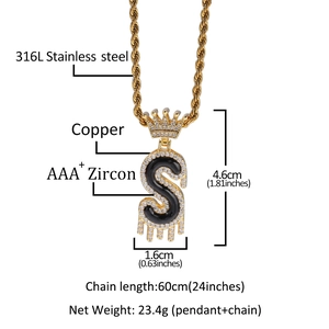 Collier hip hop lettre S couronne personnalisée avec chaîne torsadée acier inoxydable
