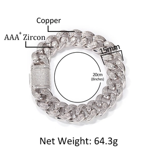 Macro shot of 15mm silver copper Cuban chain with AAA+ zircon micro-pave detailing