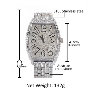 Silver iced-out tonneau watch with Austrian rhinestones and 316L steel band