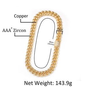 15mm Hip Hop Cuban Chain in Gold-plated Copper with AAA+ Zircon Inlay, 45cm Length