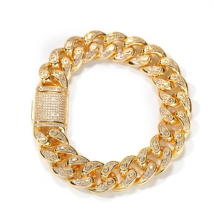 Detailed view of 15mm copper Cuban link bracelet with micro-pave cubic zirconia