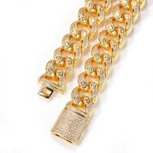15mm 18K gold plated iced out Cuban link chain with micro-pave cubic zirconia crystals