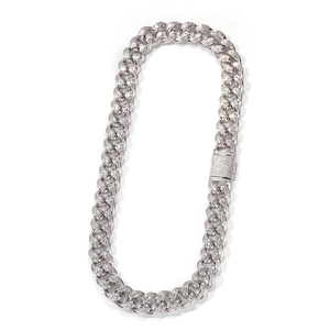 Close-up of 15mm silver Cuban link necklace with micro-pave cubic zirconia stones