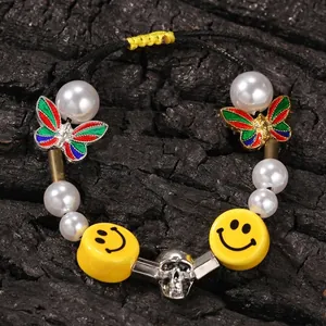 Handmade Beaded Bracelet With Smiley Face Butterfly Skull Elements Adjustable Hiphop Streetwear Unisex Trendy Party Jewelry