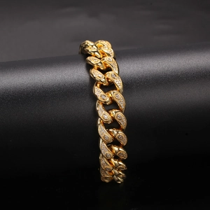 Luxurious 15mm Cuban link bracelet in gold finish with micro-pave teardrop zircon stones