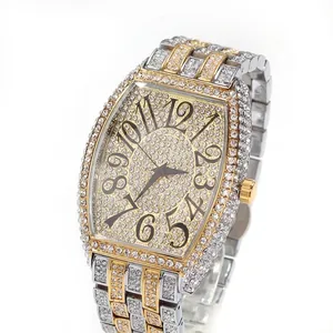 Men Luxury Hip Hop Iced Out Barrel Shaped Quartz Watch Alloy Rhinestone Large Dial Fashion Business Casual Men Wristwatch Jewelry