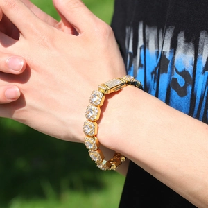 Detail of 12.5mm iced out hip hop bracelet with gold plating and square zircon stones